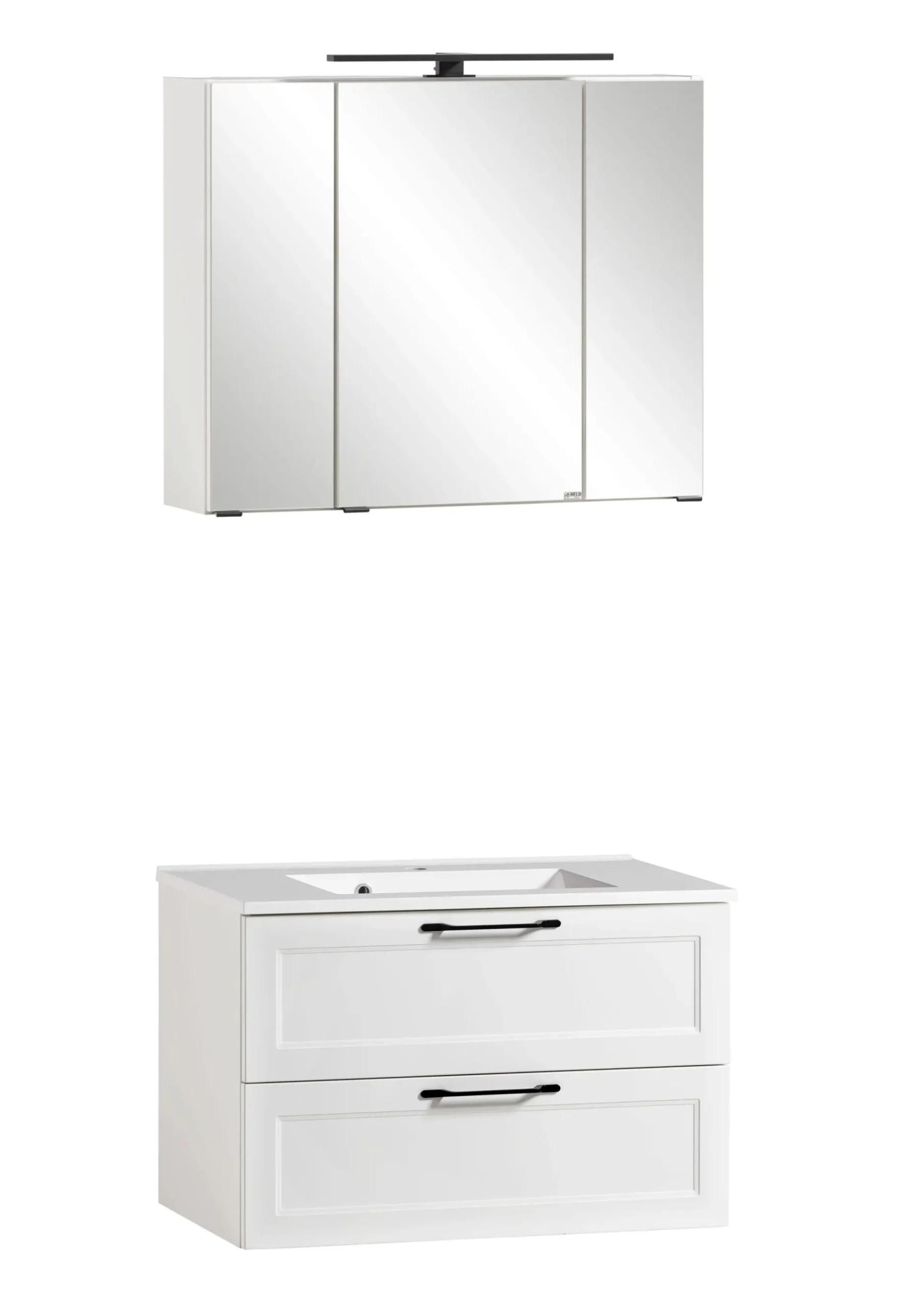 Badezimmerset Meran | Waschtischschrank, Spiegelschrank mit Beleuchtung | Weiß