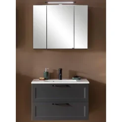 Badezimmerset Meran | Waschtischschrank, Spiegelschrank mit Beleuchtung | Grau