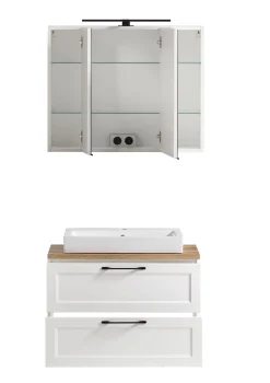 Badezimmerset Meran | Waschtischschrank, Spiegelschrank mit Beleuchtung | Weiß