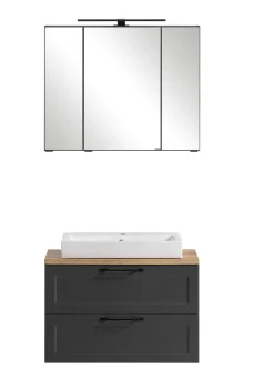 Badezimmerset Meran | Waschtischschrank, Spiegelschrank mit Beleuchtung | Grau