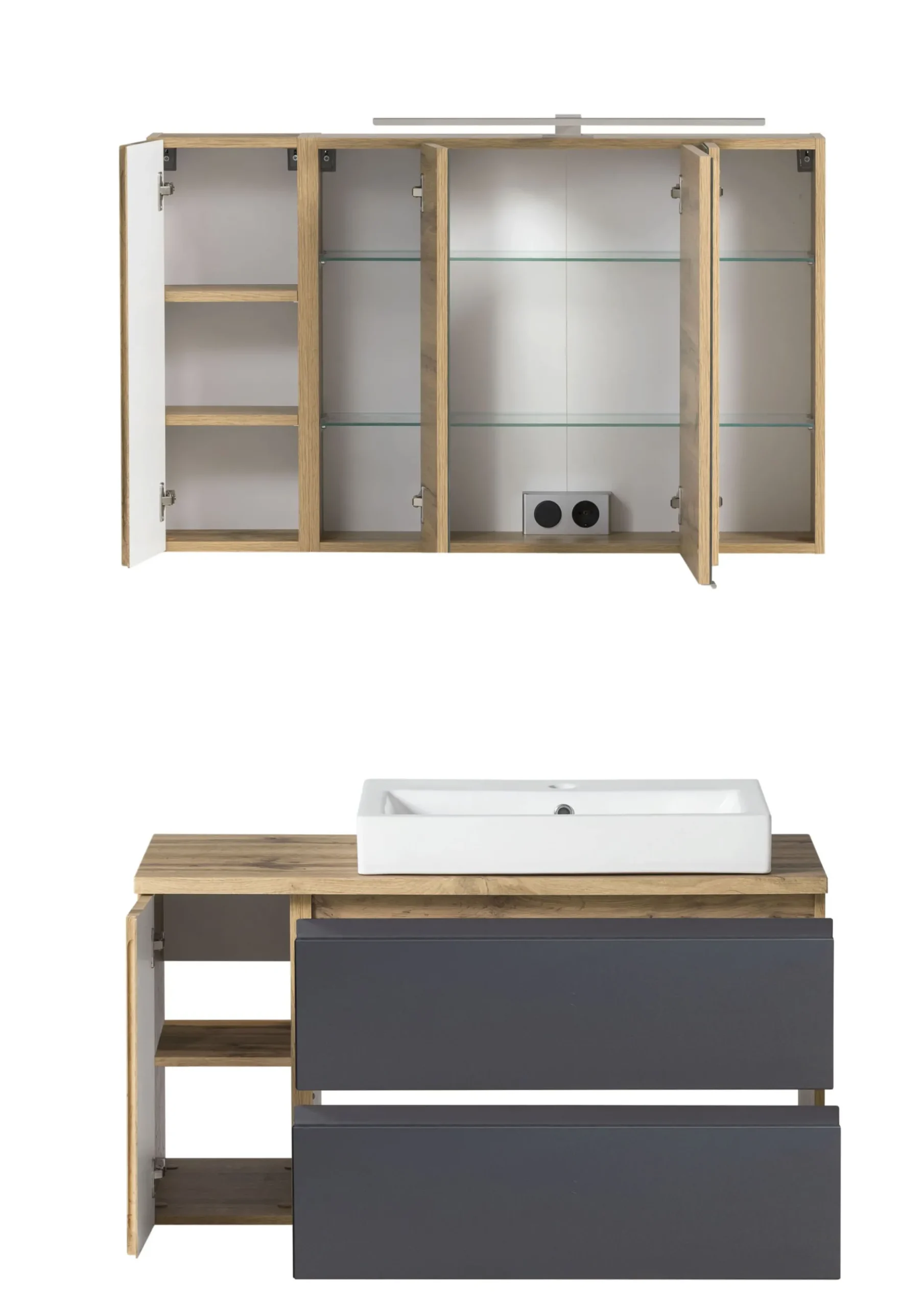Badezimmerset Varese | Waschbecken- und Spiegelschrank | Design Wotan Oak / Grey