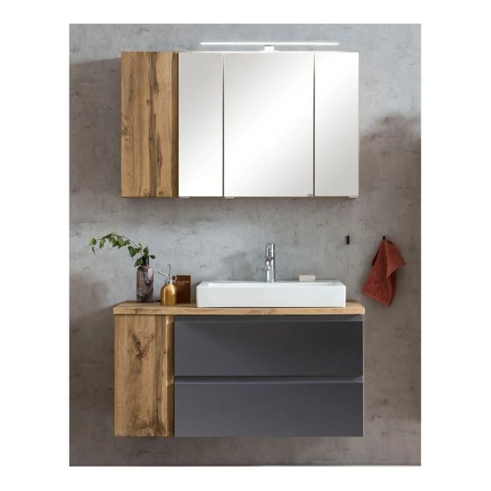 Badezimmerset Varese | Waschbecken- und Spiegelschrank | Design Wotan Oak / Grey