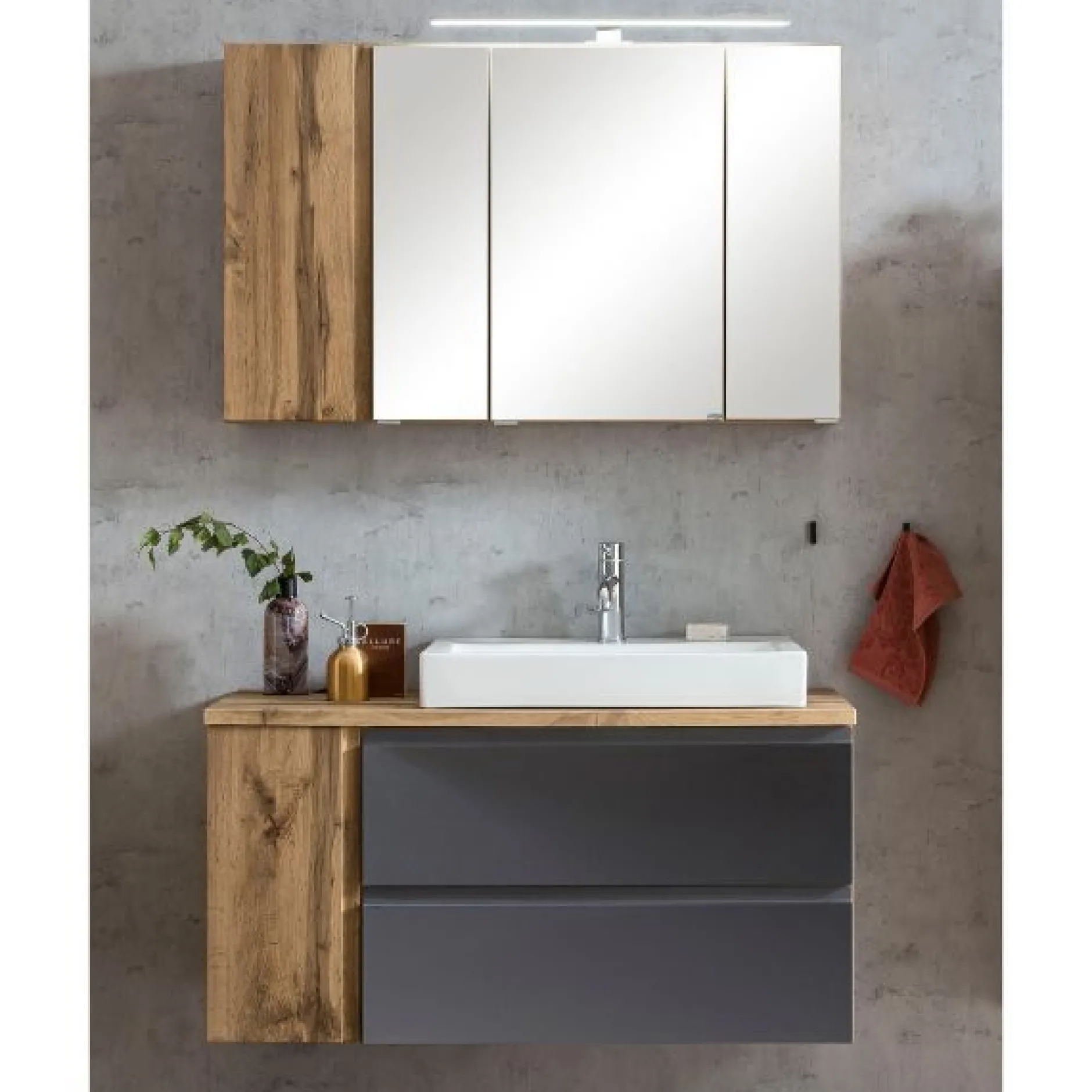Badezimmerset Varese | Waschbecken- und Spiegelschrank | Design Wotan Oak / Grey