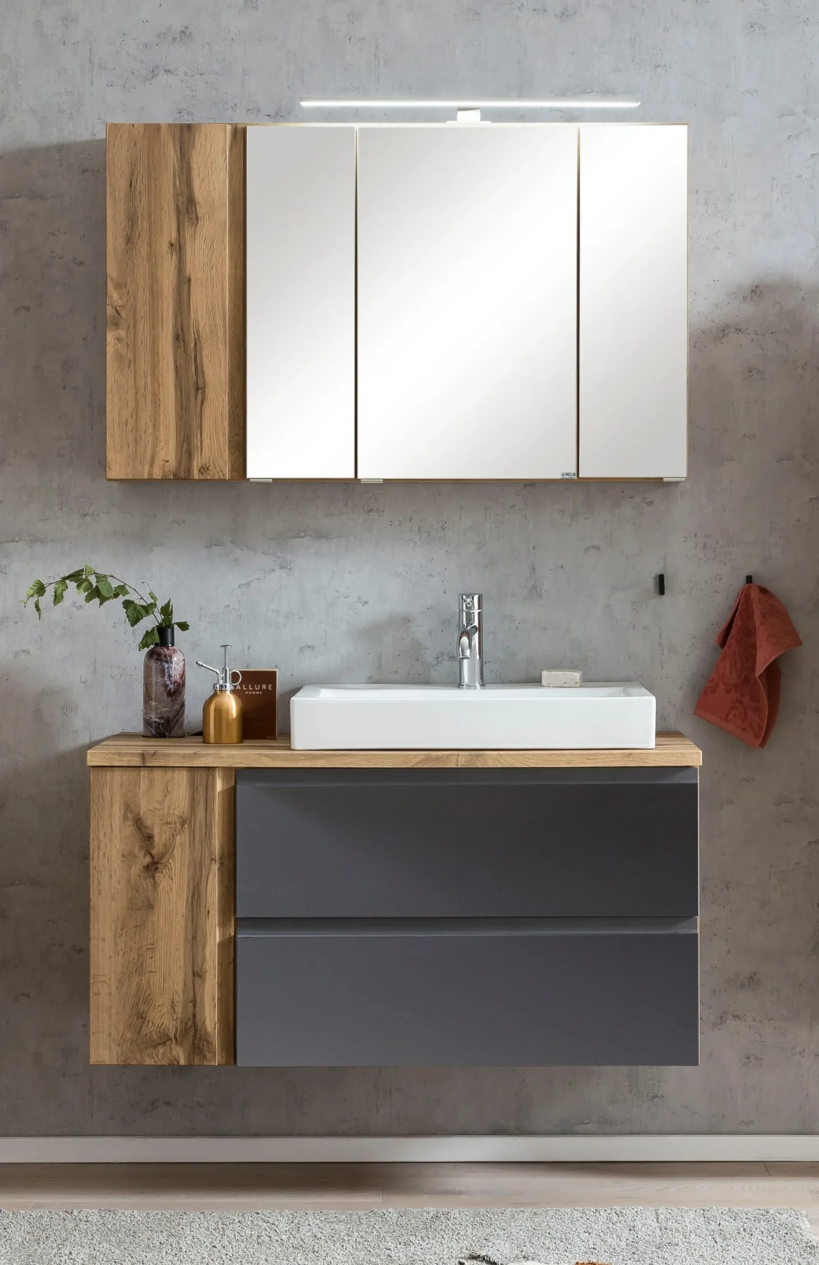 Badezimmerset Varese | Waschbecken- und Spiegelschrank | Design Wotan Oak / Grey