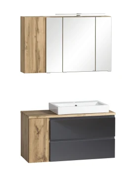 Badezimmerset Varese | Waschbecken- und Spiegelschrank | Design Wotan Oak / Grey