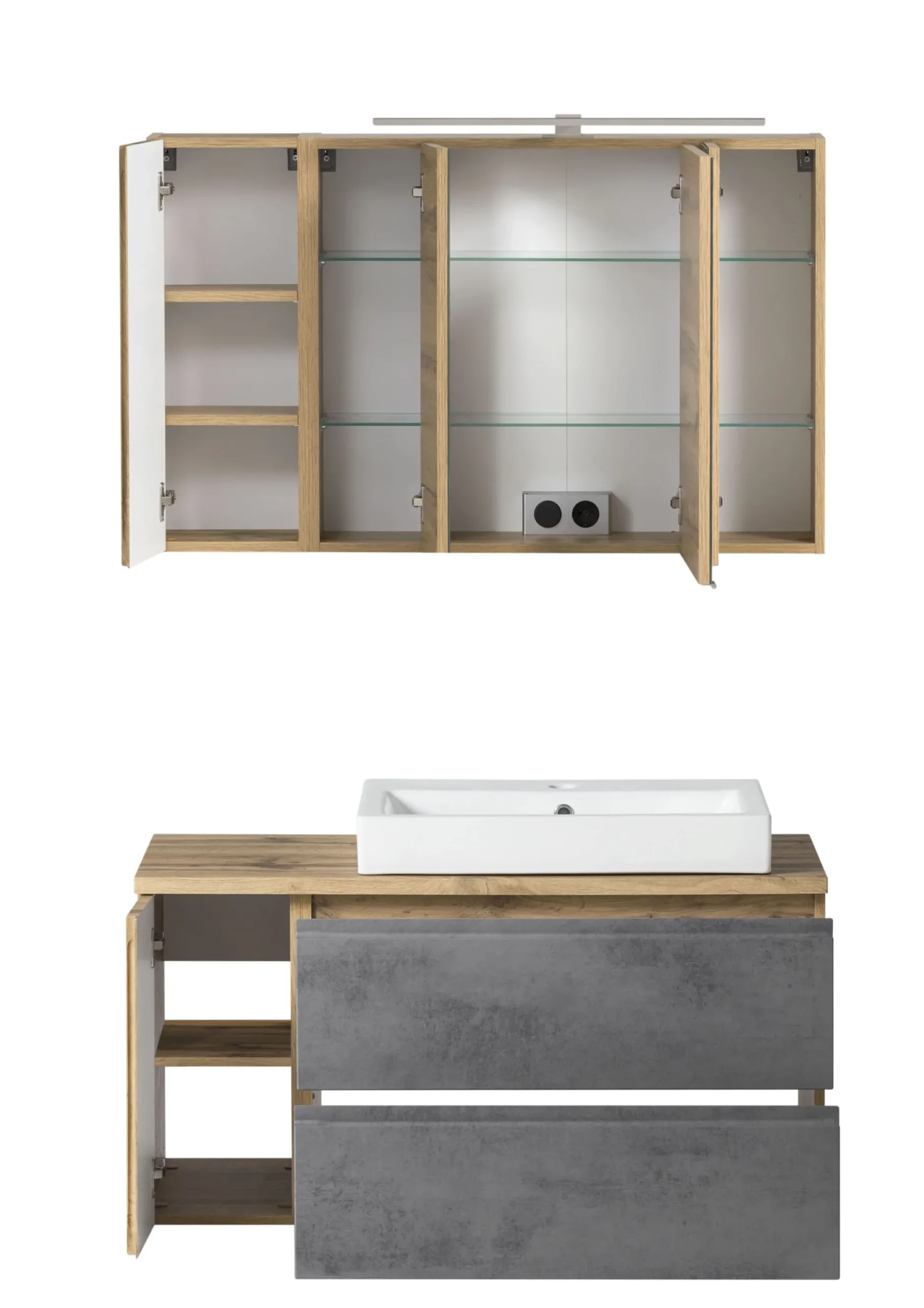 Badezimmerset Varese | Waschbecken- und Spiegelschrank | Wotan Eiche / Betondesign