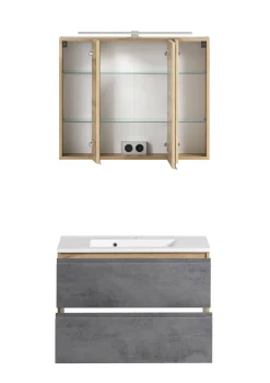 Badezimmerset Varese | Waschtisch und Spiegelschrank mit Beleuchtung | Wotan Eiche Beton Design