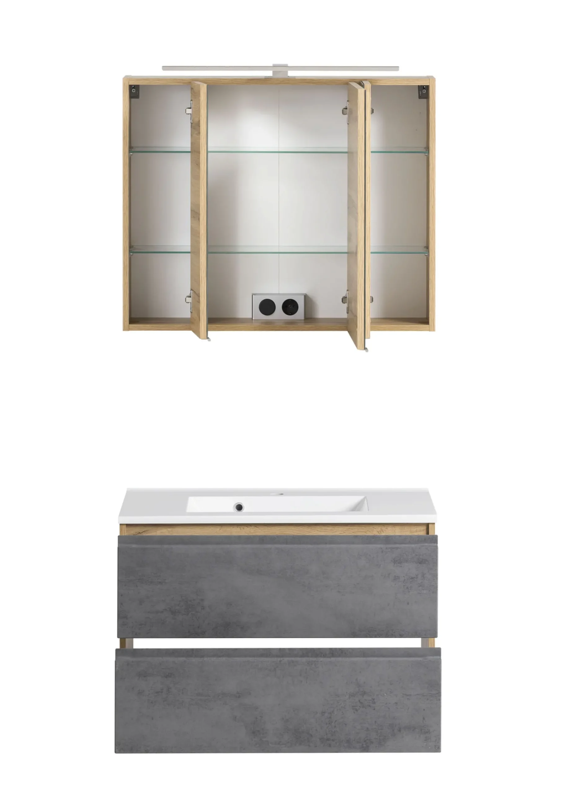 Badezimmerset Varese | Waschtisch und Spiegelschrank mit Beleuchtung | Wotan Eiche Beton Design