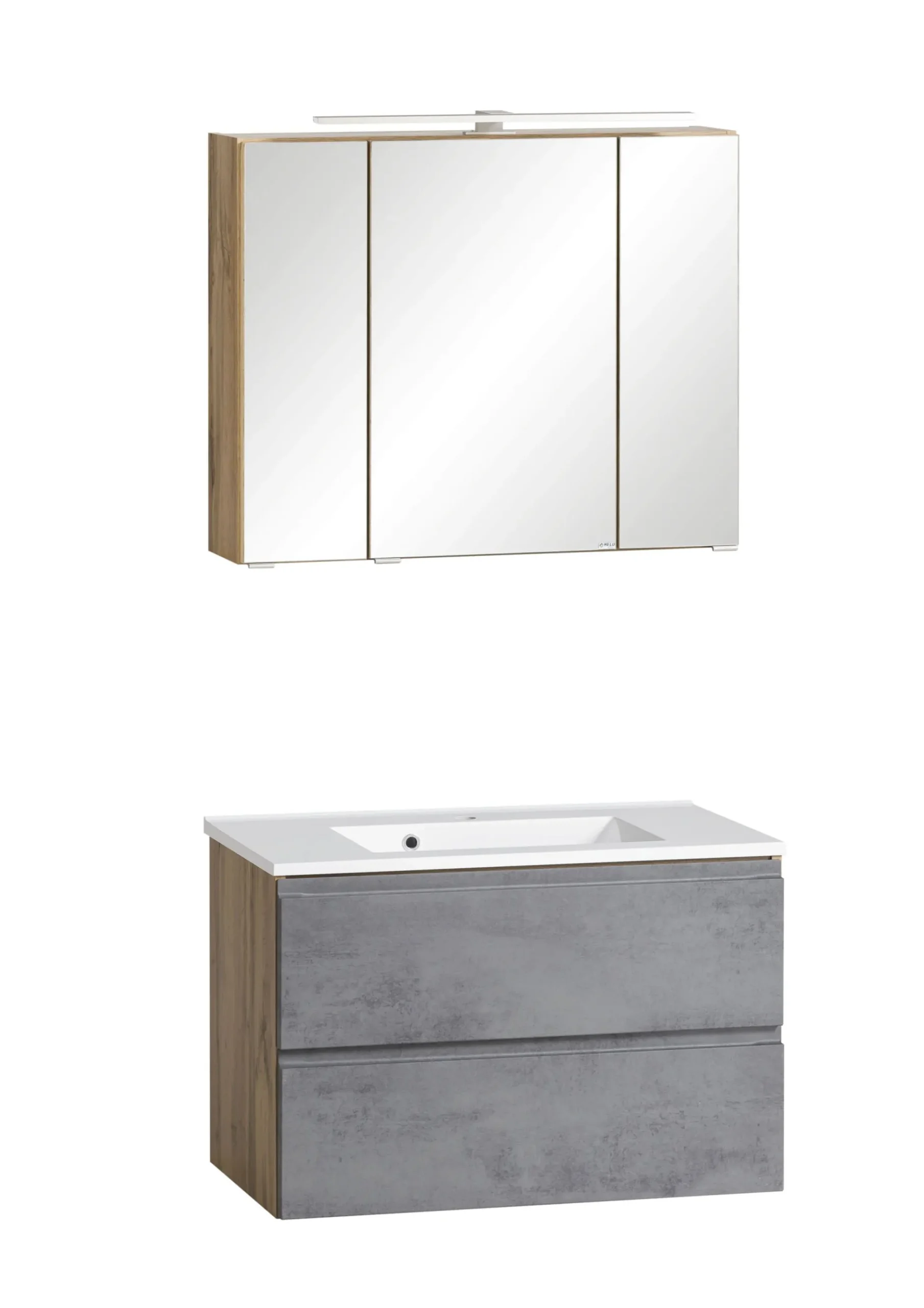 Badezimmerset Varese | Waschtisch und Spiegelschrank mit Beleuchtung | Wotan Eiche Beton Design
