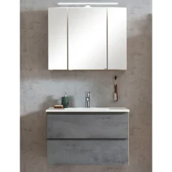 Badezimmerset Varese | Waschtisch und Spiegelschrank mit Beleuchtung | Wotan Eiche Beton Design