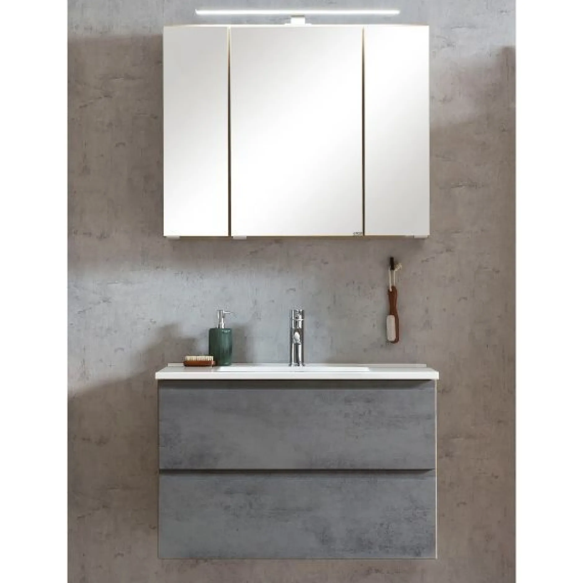 Badezimmerset Varese | Waschtisch und Spiegelschrank mit Beleuchtung | Wotan Eiche Beton Design