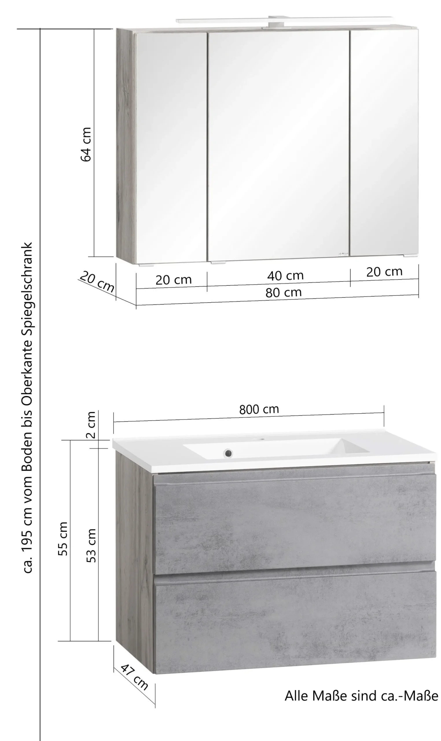 Badezimmerset Varese | Waschtisch und Spiegelschrank mit Beleuchtung | Wotan Eiche Beton Design