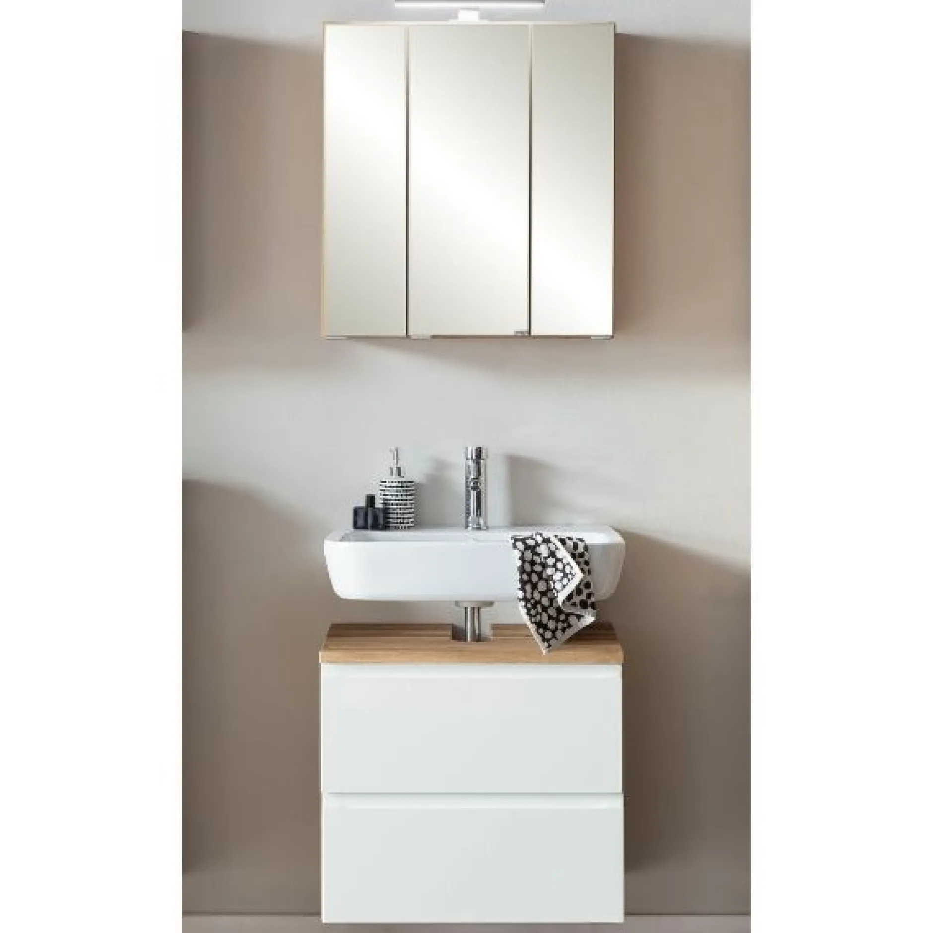 Badezimmerset Varese | Waschtisch und Spiegelschrank mit Beleuchtung | Wotan Eiche weißes Design