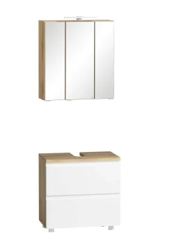 Badezimmerset Varese | Waschtisch und Spiegelschrank mit Beleuchtung | Wotan Eiche weißes Design