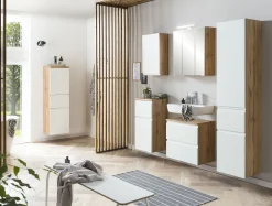 Badezimmerset Varese | Waschtisch und Spiegelschrank mit Beleuchtung | Wotan Eiche weißes Design