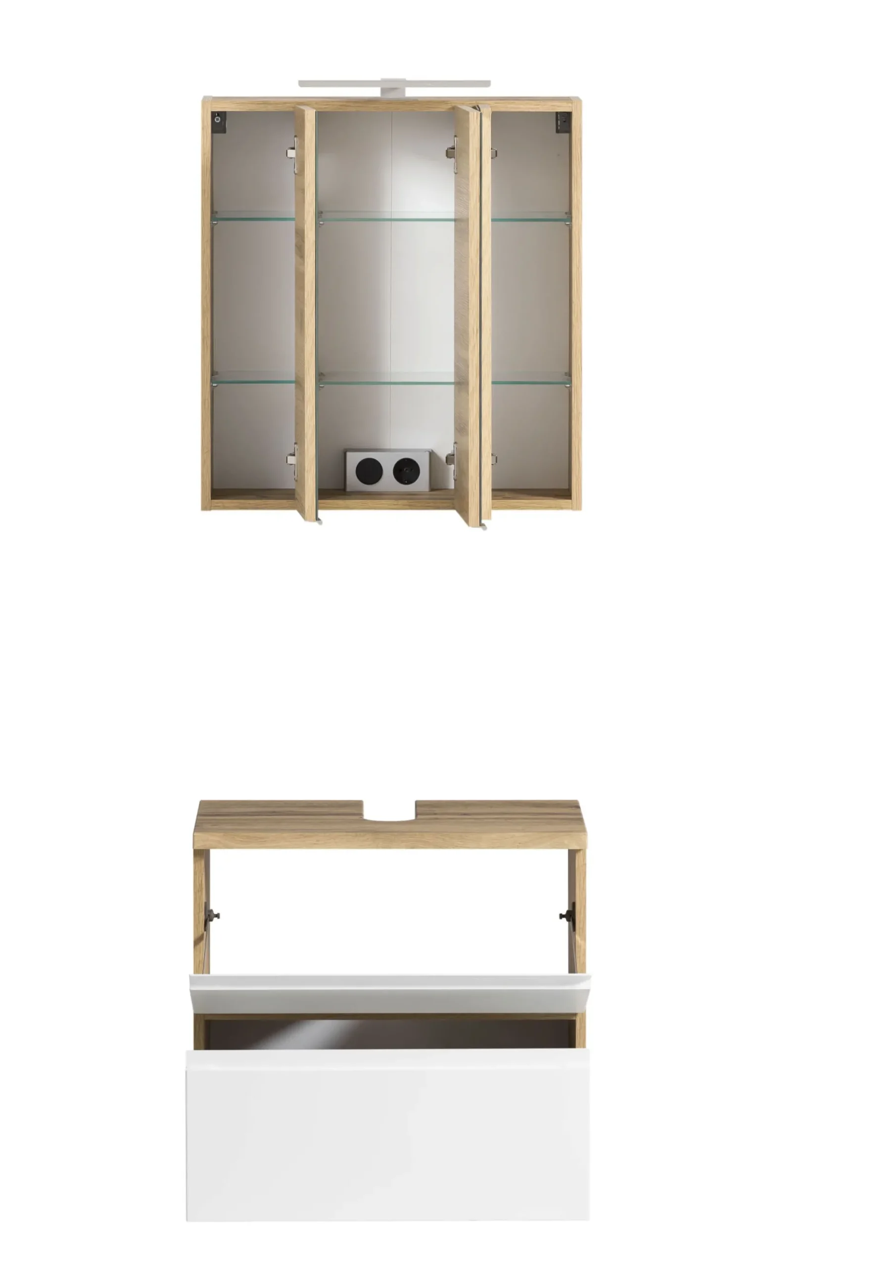 Badezimmerset Varese | Waschtisch und Spiegelschrank mit Beleuchtung | Wotan Eiche weißes Design