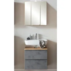 Badezimmerset Varese | Waschtisch und Spiegelschrank mit Beleuchtung | Wotan Eiche Beton-Design