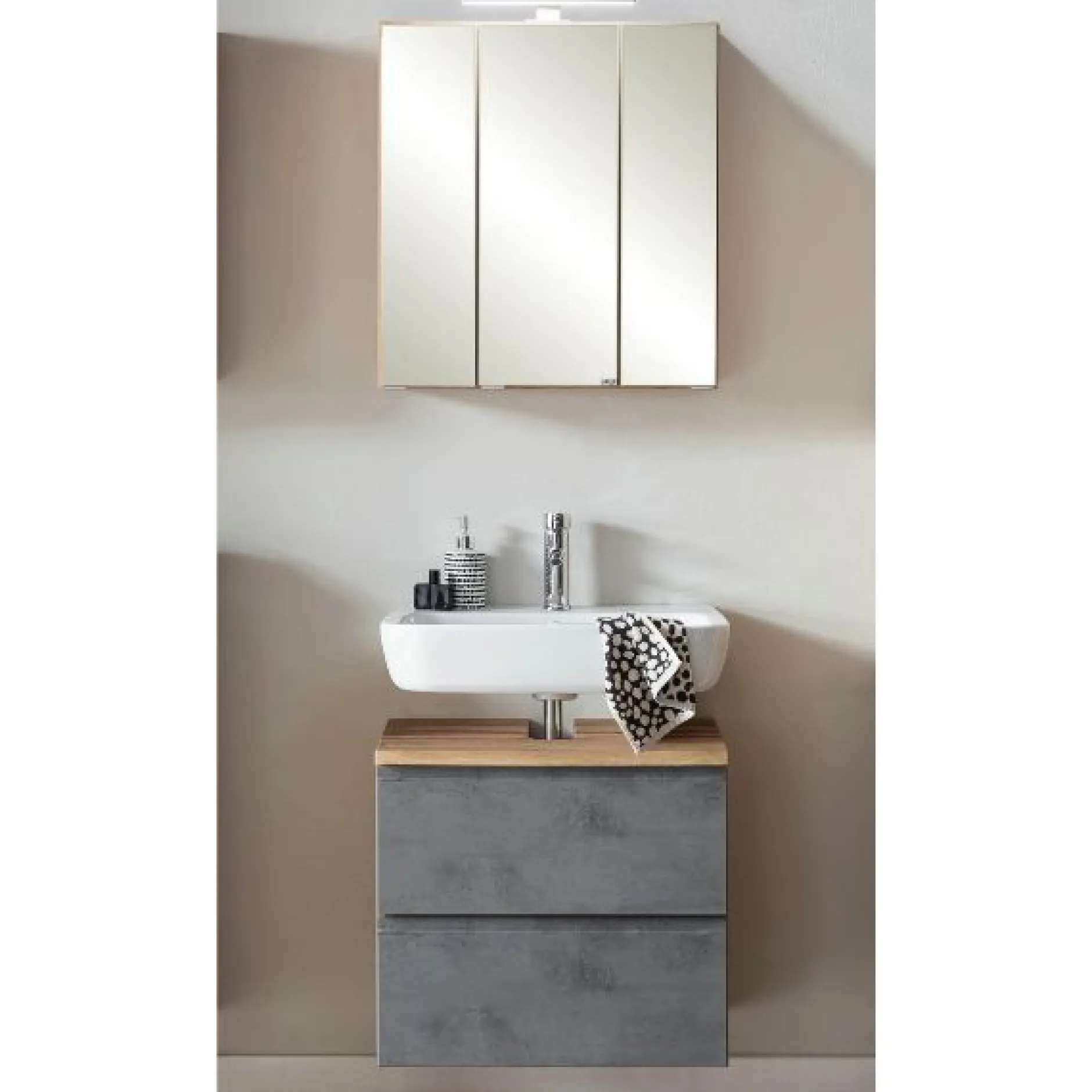 Badezimmerset Varese | Waschtisch und Spiegelschrank mit Beleuchtung | Wotan Eiche Beton-Design