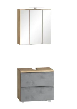Badezimmerset Varese | Waschtisch und Spiegelschrank mit Beleuchtung | Wotan Eiche Beton-Design