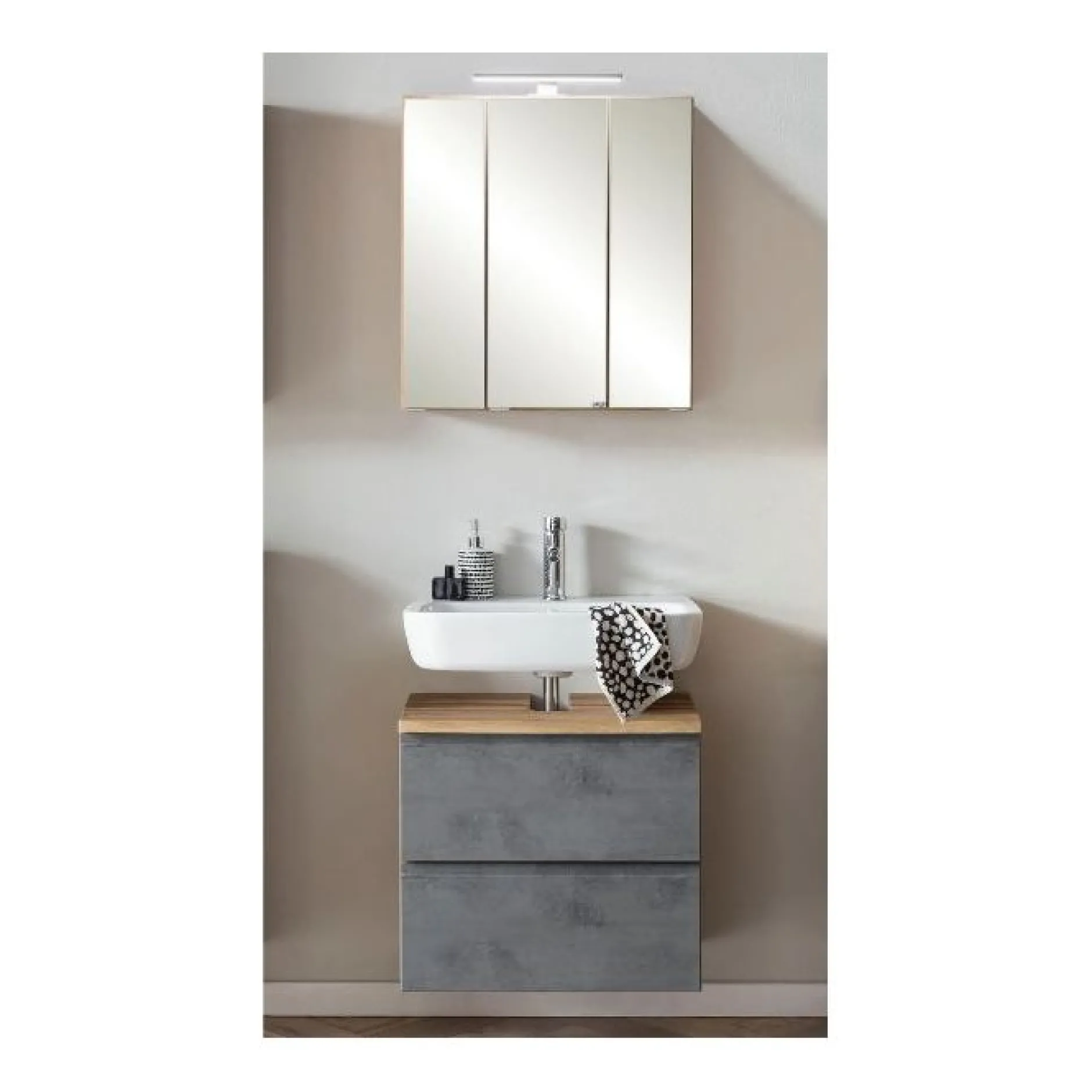 Badezimmerset Varese | Waschtisch und Spiegelschrank mit Beleuchtung | Wotan Eiche Beton-Design