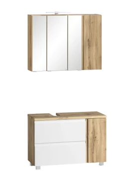 Badezimmerset Varese | Waschtisch und Spiegelschrank mit Beleuchtung | Wotan Eiche weißes Design