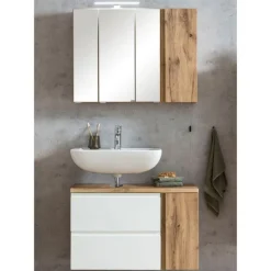 Badezimmerset Varese | Waschtisch und Spiegelschrank mit Beleuchtung | Wotan Eiche weißes Design