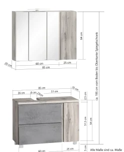 Badezimmerset Varese | Waschtisch und Spiegelschrank mit Beleuchtung | Wotan Eiche Graues Design