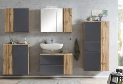 Badezimmerset Varese | Waschtisch und Spiegelschrank mit Beleuchtung | Wotan Eiche Graues Design