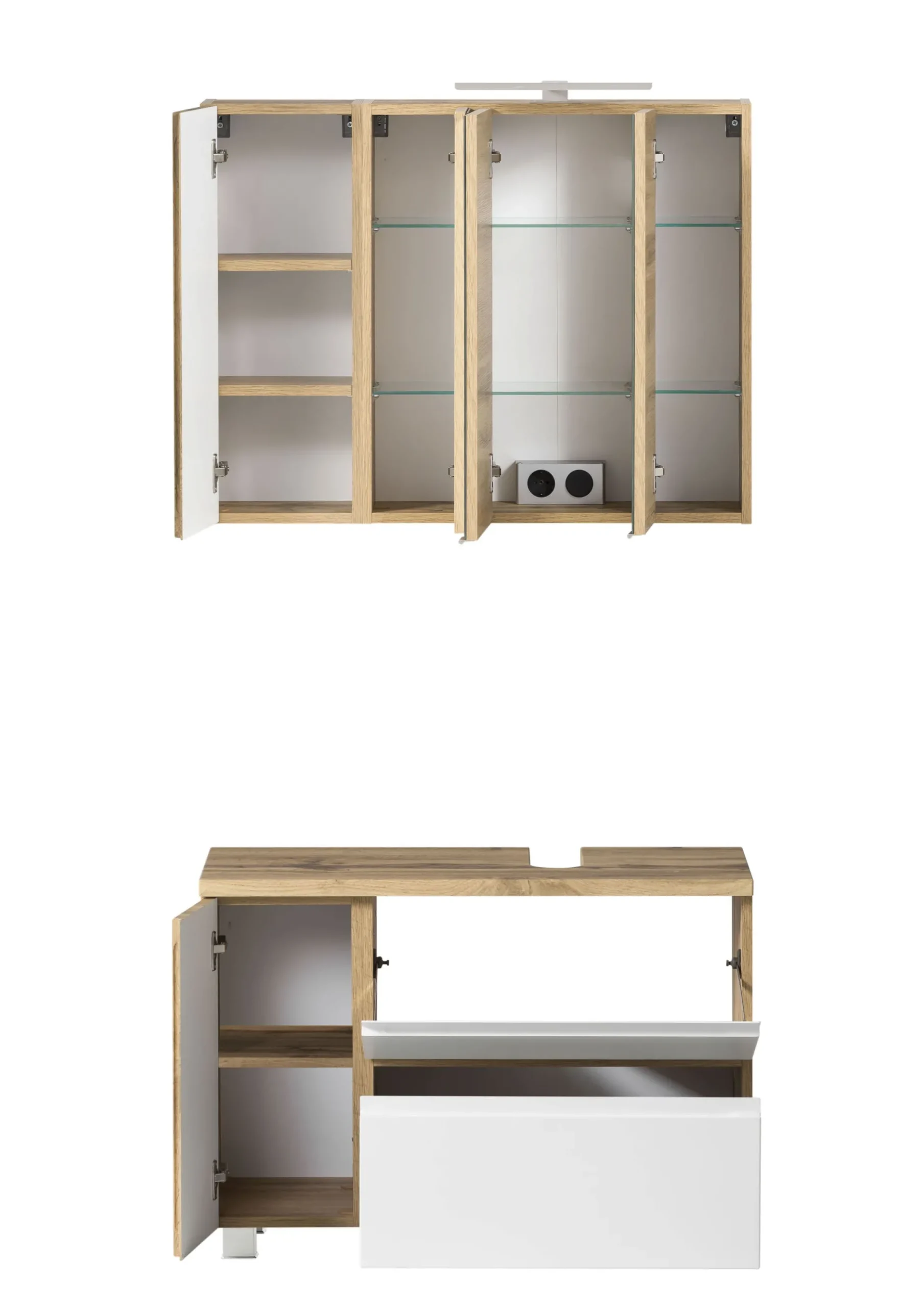 Badezimmerset Varese | Waschtisch und Spiegelschrank mit Beleuchtung | Wotan Eiche weißes Design