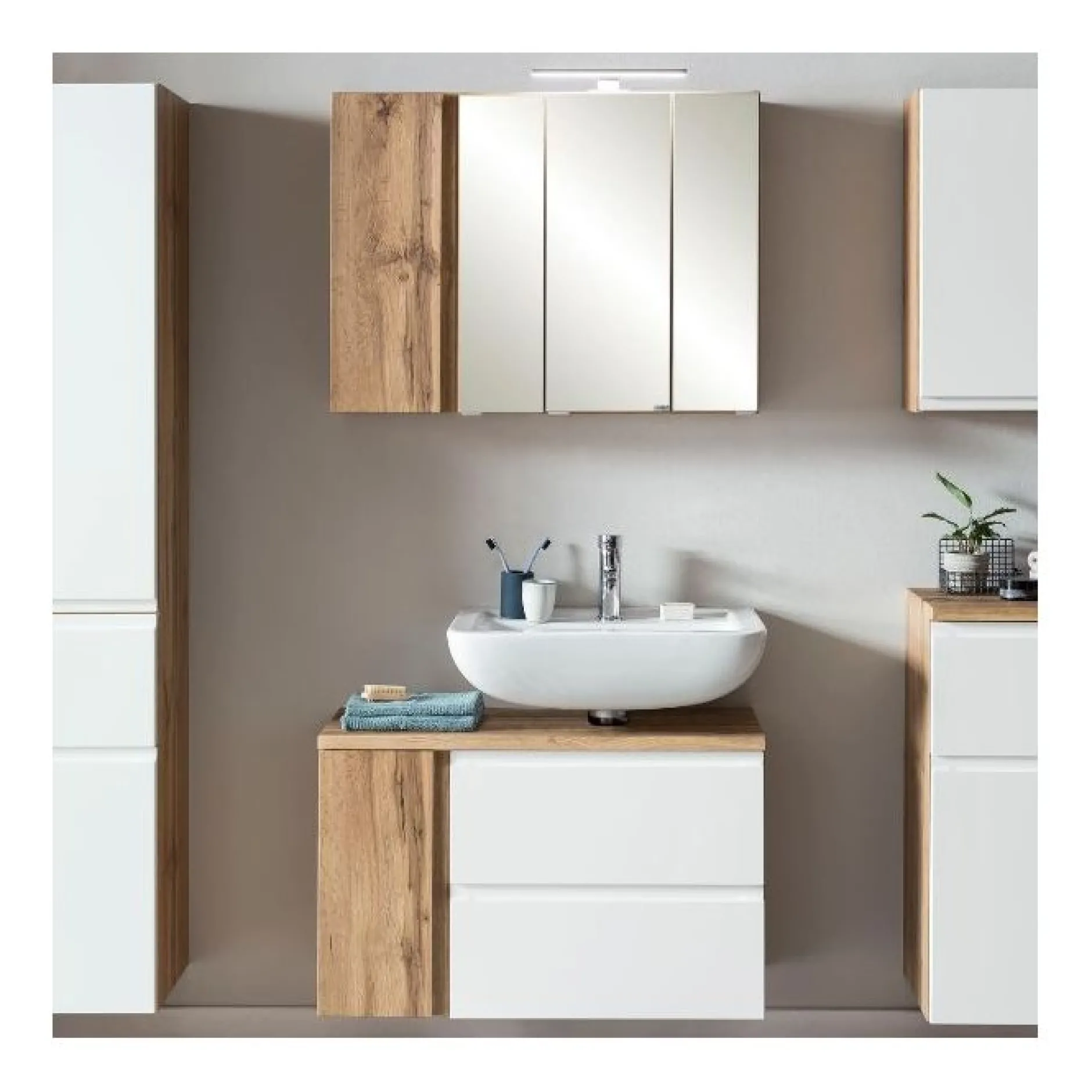 Badezimmerset Varese | Waschtisch und Spiegelschrank mit Beleuchtung | Wotan Eiche weißes Design