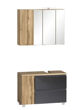 Badezimmerset Varese | Waschtisch und Spiegelschrank mit Beleuchtung | Wotan Eiche Graues Design