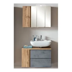 Badezimmerset Varese | Waschtisch und Spiegelschrank mit Beleuchtung | Wotan Eiche Beton Design