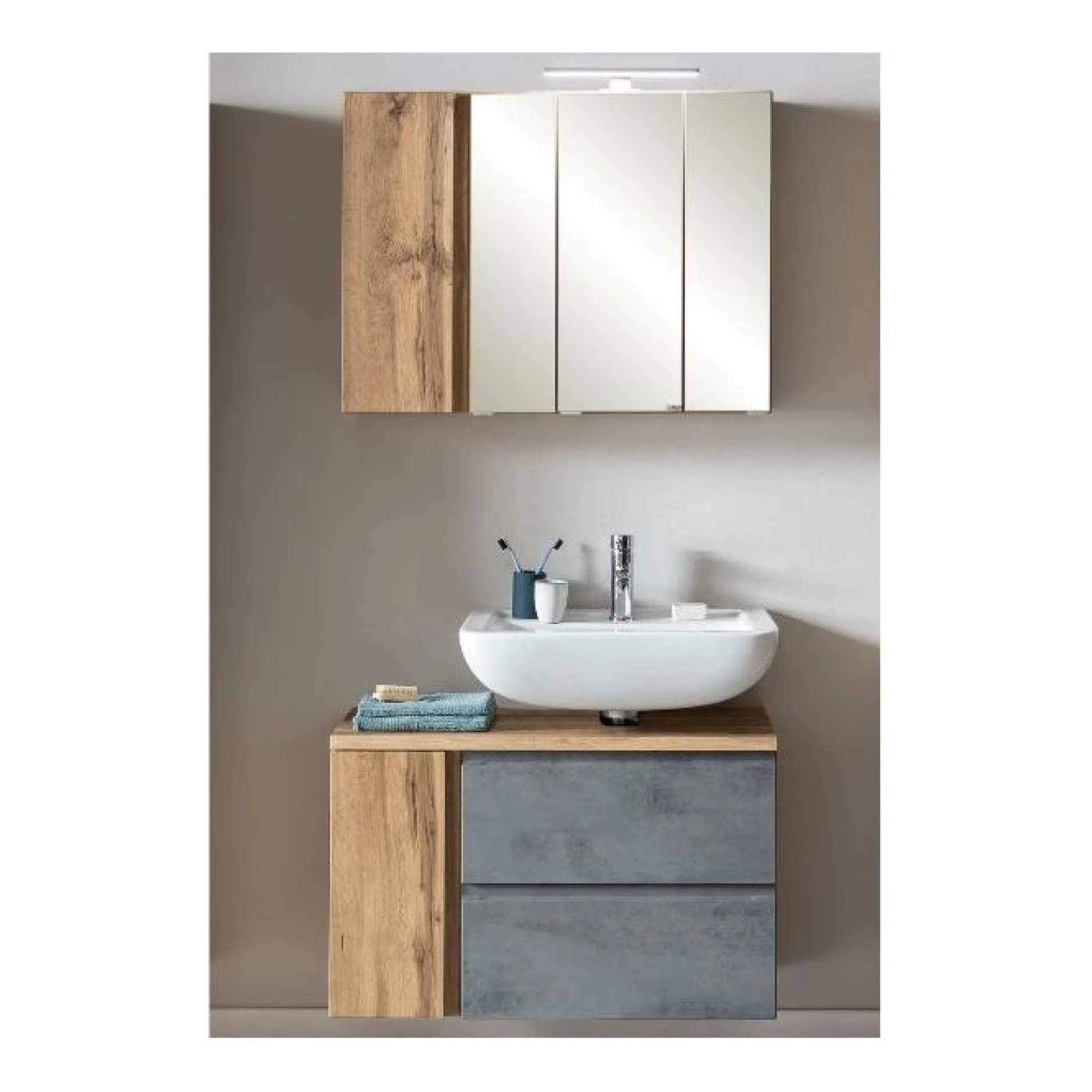 Badezimmerset Varese | Waschtisch und Spiegelschrank mit Beleuchtung | Wotan Eiche Beton Design
