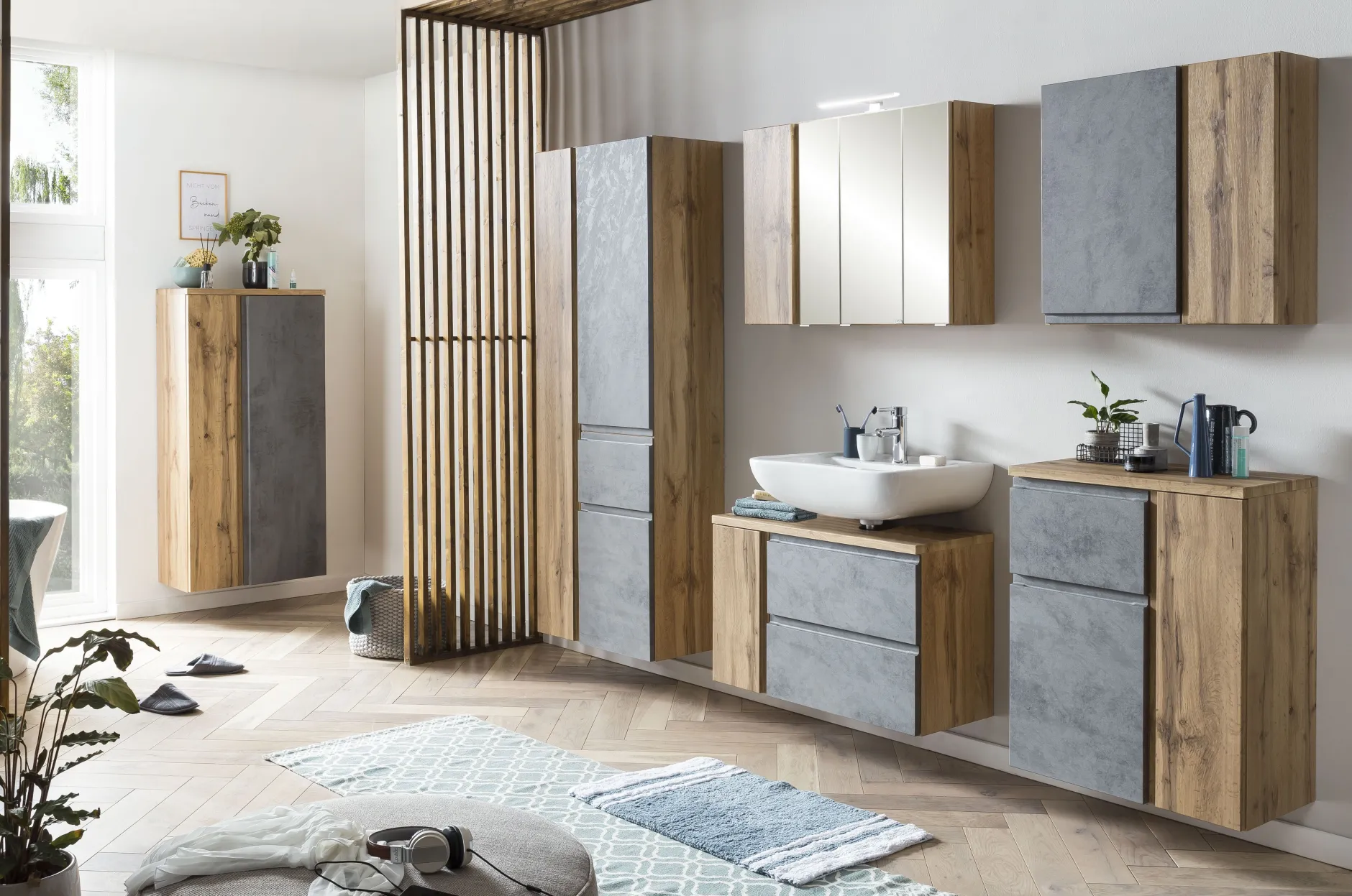 Badezimmerset Varese | Waschtisch und Spiegelschrank mit Beleuchtung | Wotan Eiche Beton Design