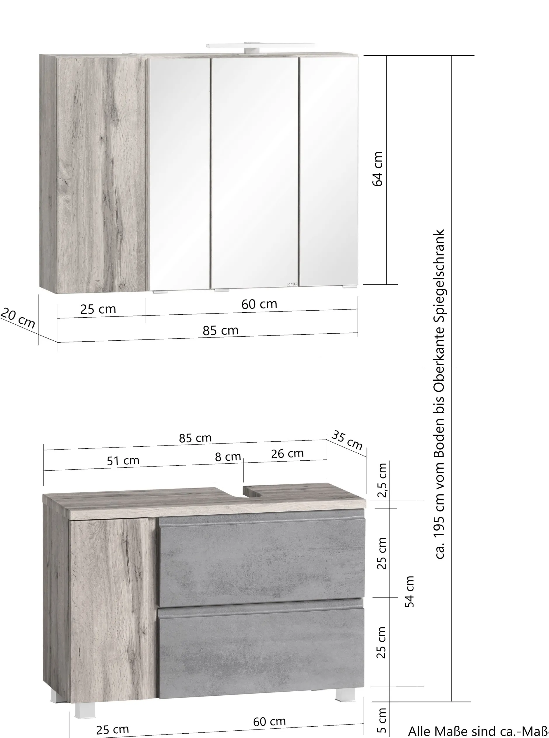 Badezimmerset Varese | Waschtisch und Spiegelschrank mit Beleuchtung | Wotan Eiche Beton Design