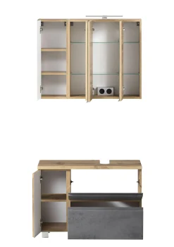 Badezimmerset Varese | Waschtisch und Spiegelschrank mit Beleuchtung | Wotan Eiche Beton Design