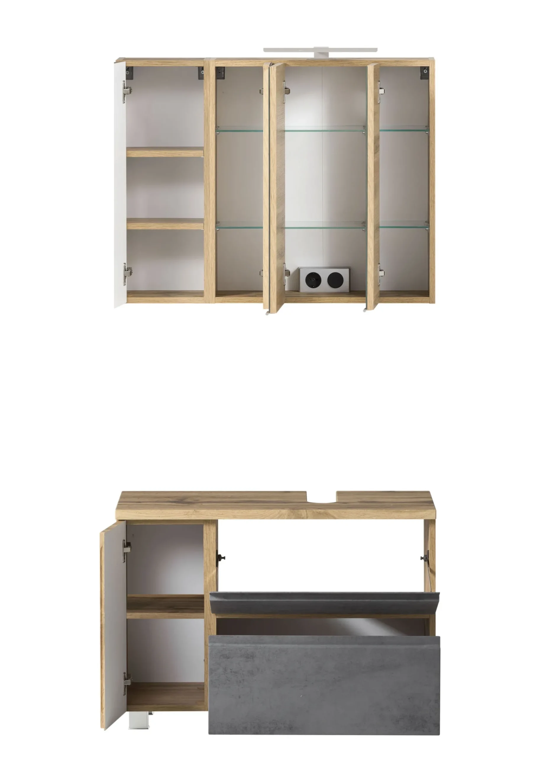 Badezimmerset Varese | Waschtisch und Spiegelschrank mit Beleuchtung | Wotan Eiche Beton Design