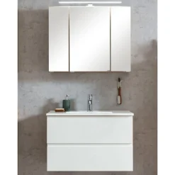Badezimmerset Varese | Waschtisch und Spiegelschrank mit Beleuchtung | Wotan Eiche weißes Design