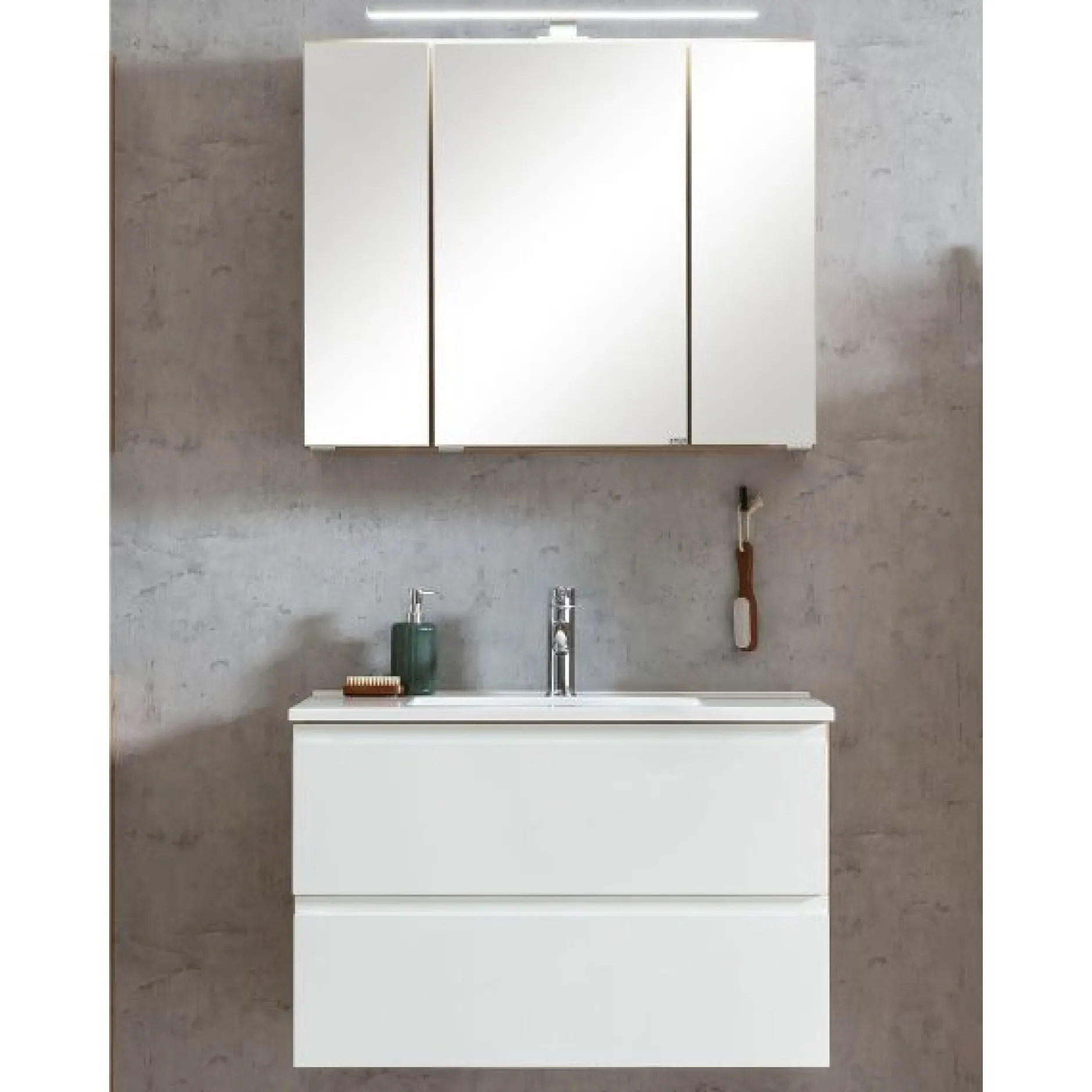 Badezimmerset Varese | Waschtisch und Spiegelschrank mit Beleuchtung | Wotan Eiche weißes Design