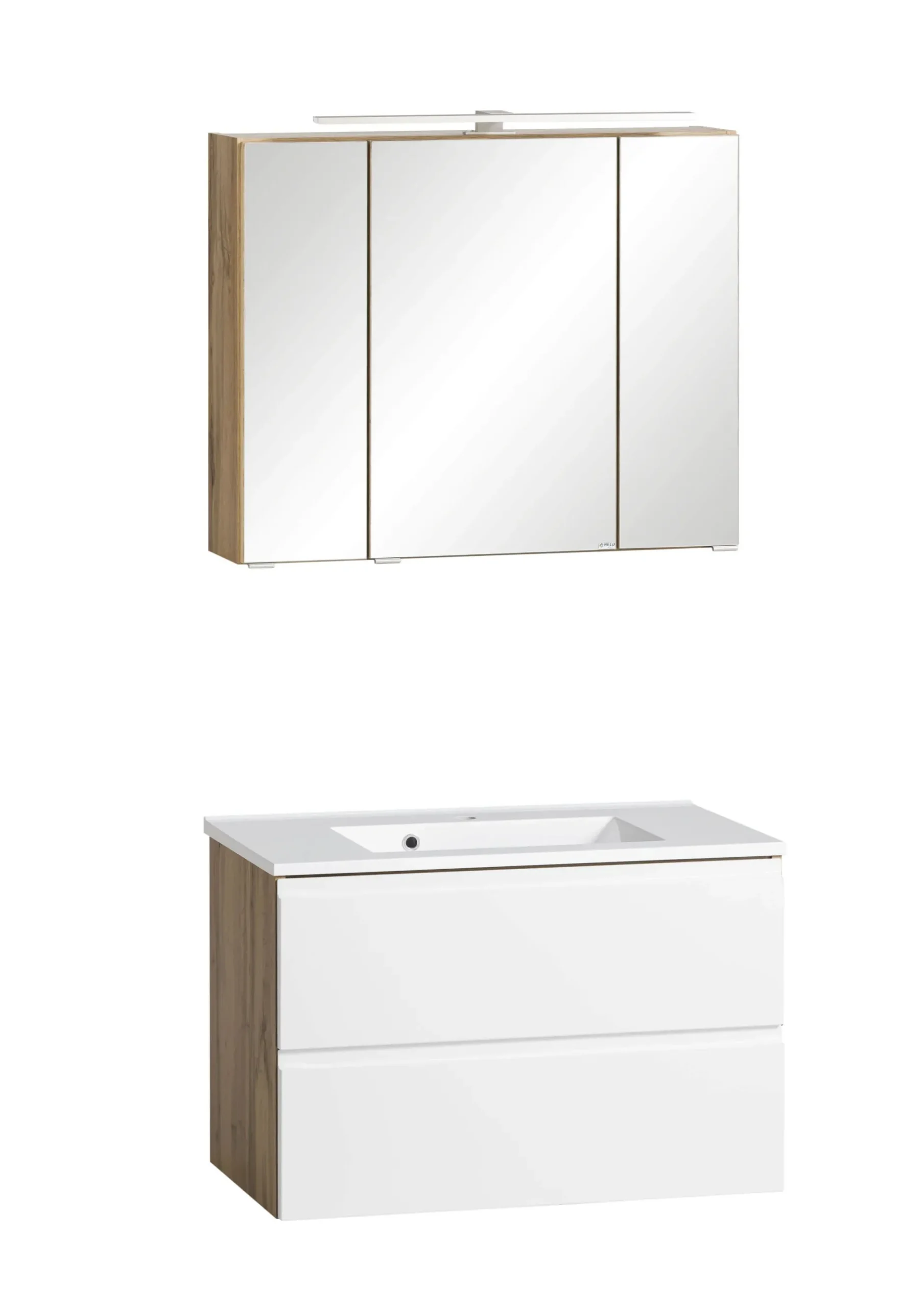 Badezimmerset Varese | Waschtisch und Spiegelschrank mit Beleuchtung | Wotan Eiche weißes Design