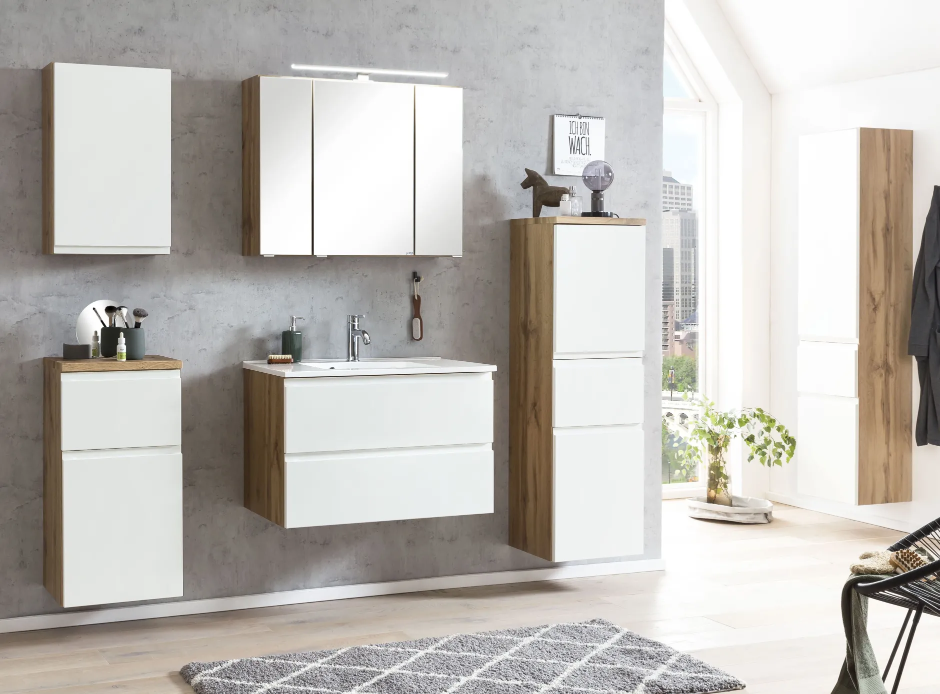 Badezimmerset Varese | Waschtisch und Spiegelschrank mit Beleuchtung | Wotan Eiche weißes Design