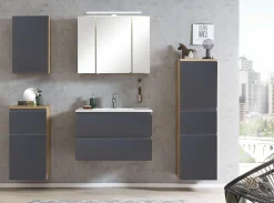 Badezimmerset Varese | Waschtisch und Spiegelschrank mit Beleuchtung | Wotan Eiche Graues Design