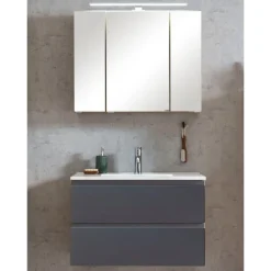 Badezimmerset Varese | Waschtisch und Spiegelschrank mit Beleuchtung | Wotan Eiche Graues Design