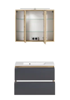 Badezimmerset Varese | Waschtisch und Spiegelschrank mit Beleuchtung | Wotan Eiche Graues Design
