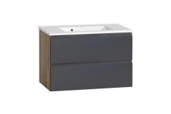 Badezimmerset Varese | Waschtisch und Spiegelschrank mit Beleuchtung | Wotan Eiche Graues Design