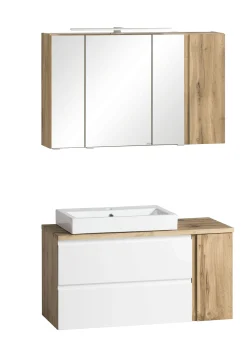 Badezimmerset Varese | Waschtisch und Spiegelschrank mit Beleuchtung | Wotan Eiche weißes Design