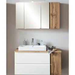 Badezimmerset Varese | Waschtisch und Spiegelschrank mit Beleuchtung | Wotan Eiche weißes Design