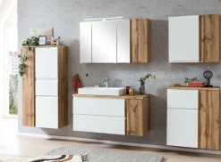 Badezimmerset Varese | Waschtisch und Spiegelschrank mit Beleuchtung | Wotan Eiche weißes Design