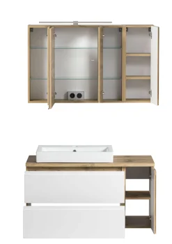 Badezimmerset Varese | Waschtisch und Spiegelschrank mit Beleuchtung | Wotan Eiche weißes Design