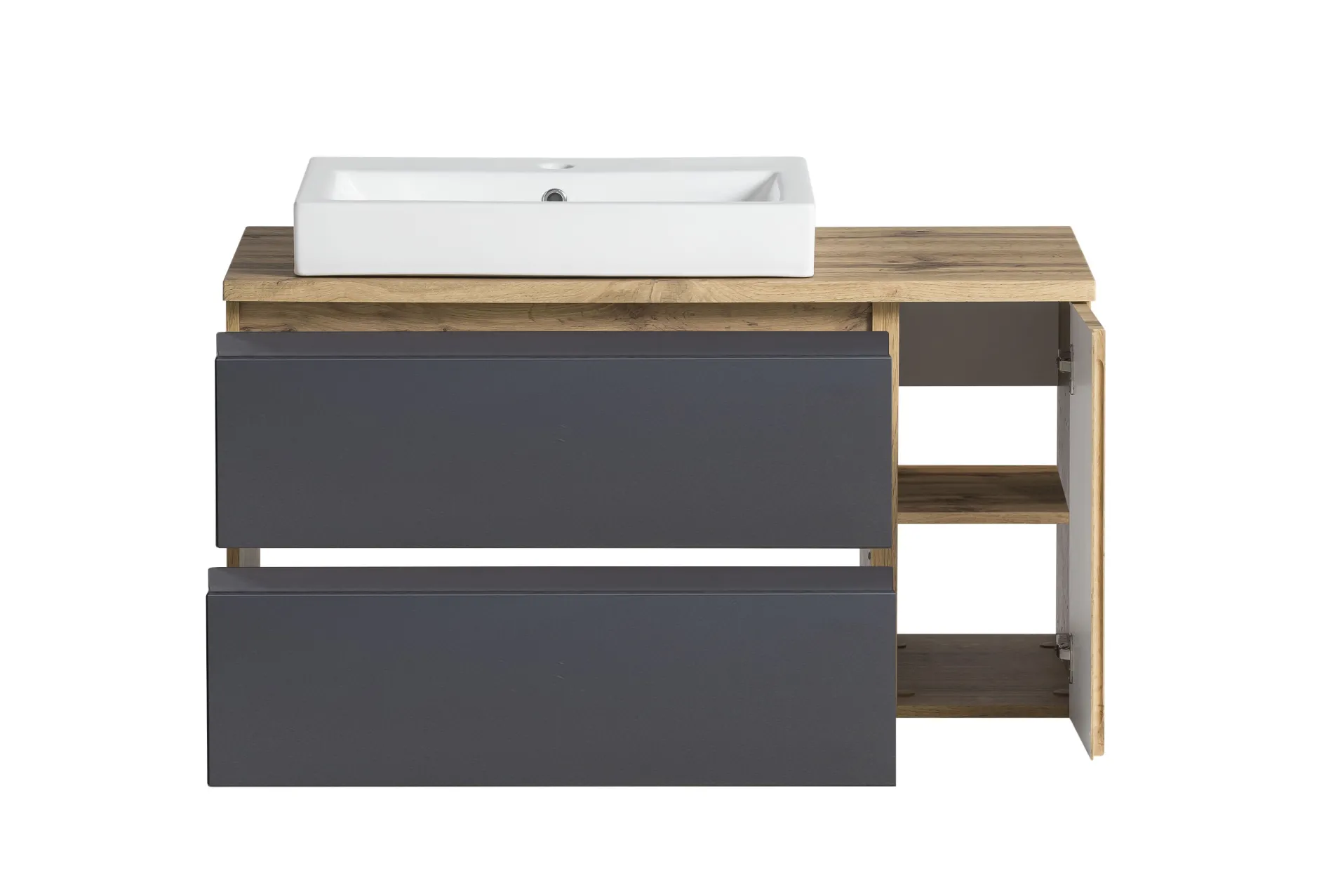 Badezimmerset Varese | Waschtisch und Spiegelschrank mit Beleuchtung | Wotan Eiche Graues Design